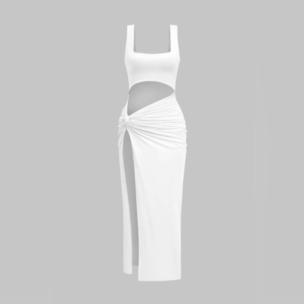 Micas Solid Twist Front Cut Out Slit Midi Dress UP-4 L